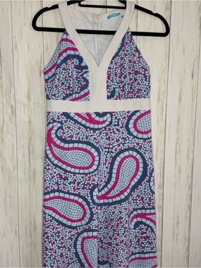 J McLaughlin Navy, White & Pink Paisley Pool Mosasic Dress XS